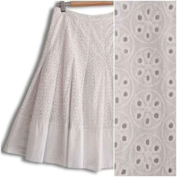 ESPRIT 100% Cotton Floral Eyelet Pleated Knee Length Skirt White Sz 4 - Picture 1 of 15